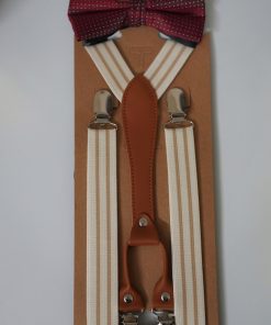 4 Clip Y Suspender Off White with Maroon Bow tie
